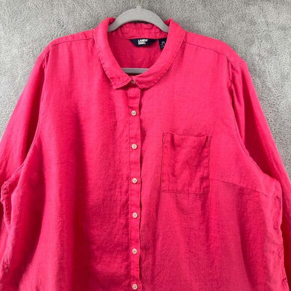 Lands End Shirt Women 2X Orange Linen Button Up Collared Roll Tab Long Sleeve - Picture 3 of 15